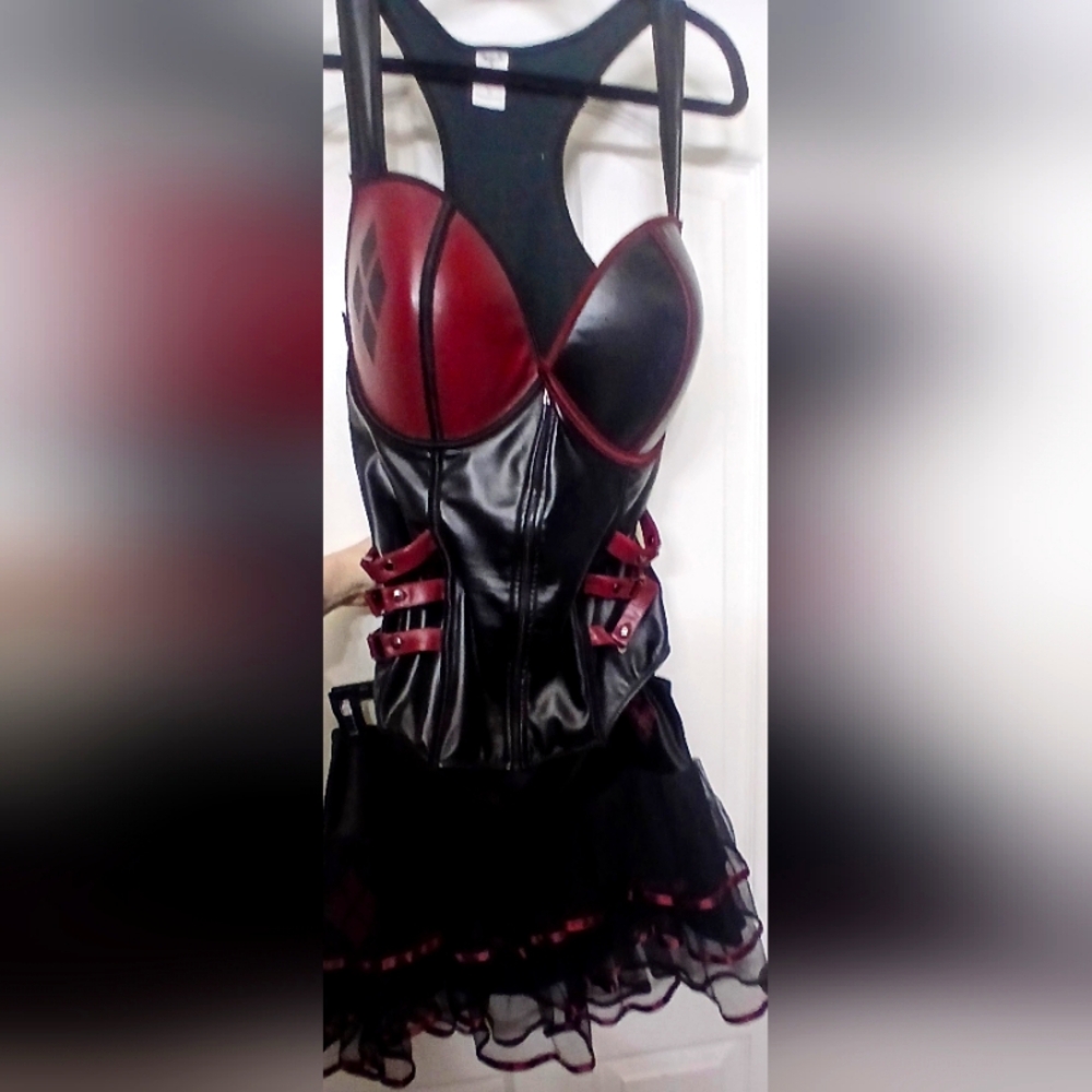 Harley Quinn DC comic Black & Red Faux Leather Corset & Skirt Set XL